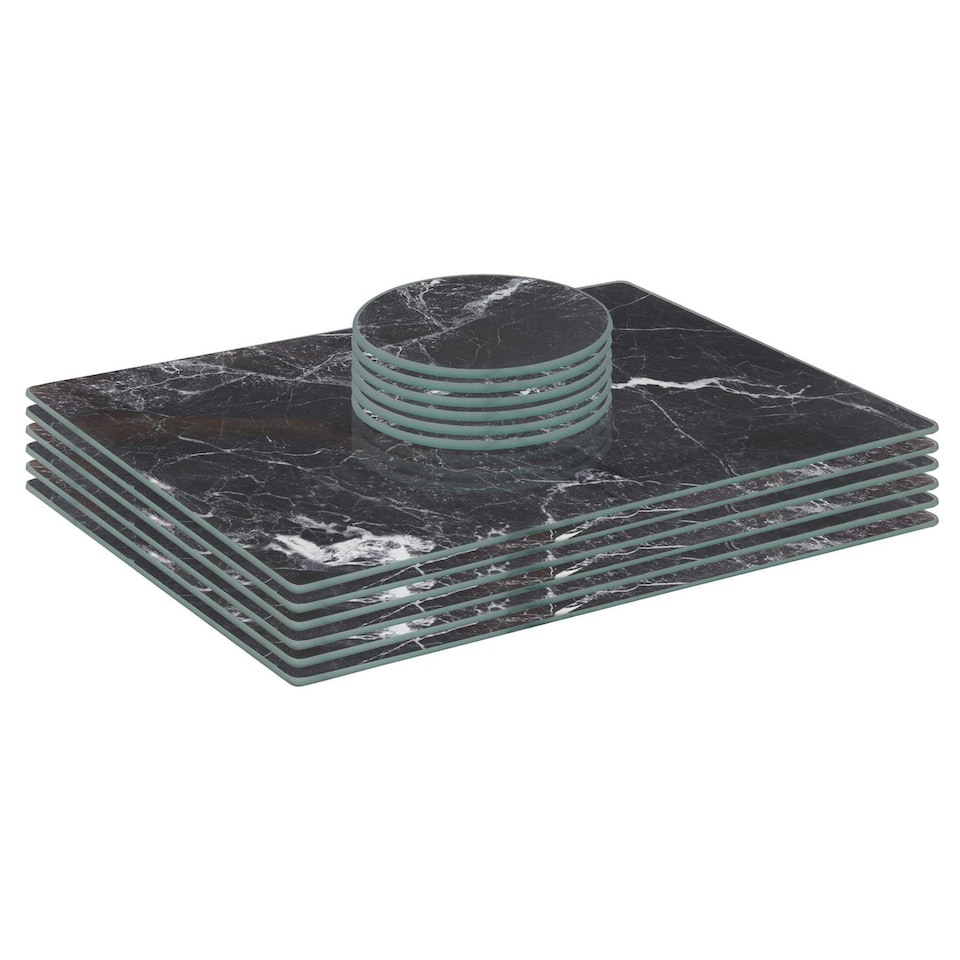 image 1 of Harbour Housewares Glass Dining Set - Black Marble - Rectangular Placemats & Coasters - 12pc Black