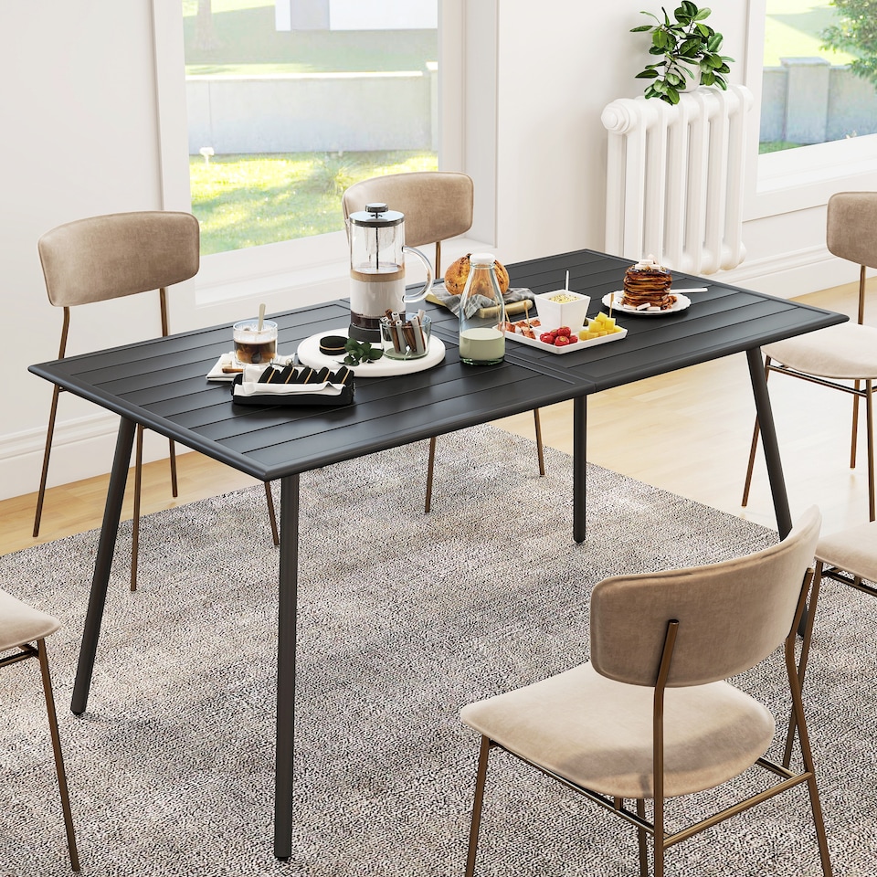 image 1 of Outsunny Garden Dining Table for 6 Person, Rectangle Outdoor Table with Easy Clean Slat Top, Rust Resistant Steel Frame, for Terrace, Balcony, 150 x 80 x 74 cm, Black | Black