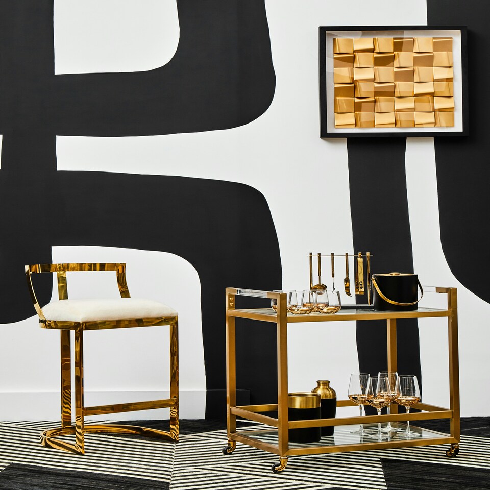 image 1 of Interiors by Premier Ivory Velvet Bar Stool, Gold Finish Bar Chair, Curved Backrest with Plump Seat, Kitchen Bar Stool for Home