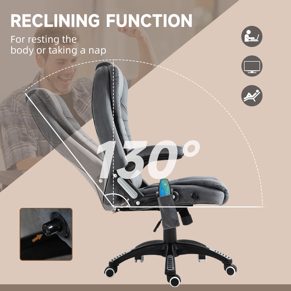 image 1 of Vinsetto Office Chair with Heating Massage Points Relaxing Reclining, Grey