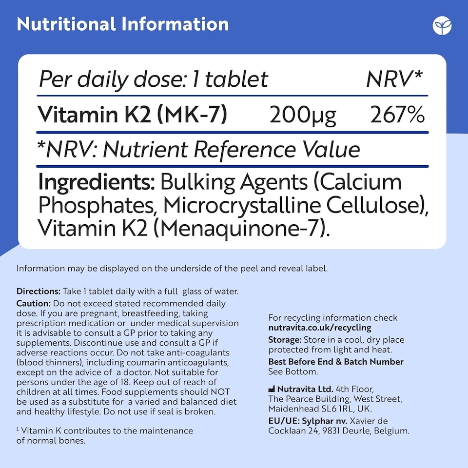 image 1 of Nutravita Vitamin K2 MK 7 200mcg - Supports Maintenance of Normal Bones - High Strength Menaquinone MK7 - Made in The UK - 365 Vegan Micro Tablets