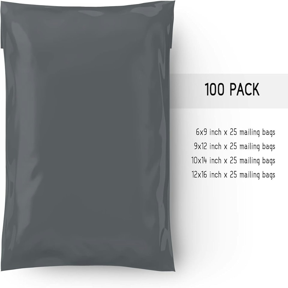 image 1 of Straame 100 Assorted Grey Postal Bags, Self-Seal, Flexible, Tear-Proof, 4 Sizes, 25 Each. Grey | DL