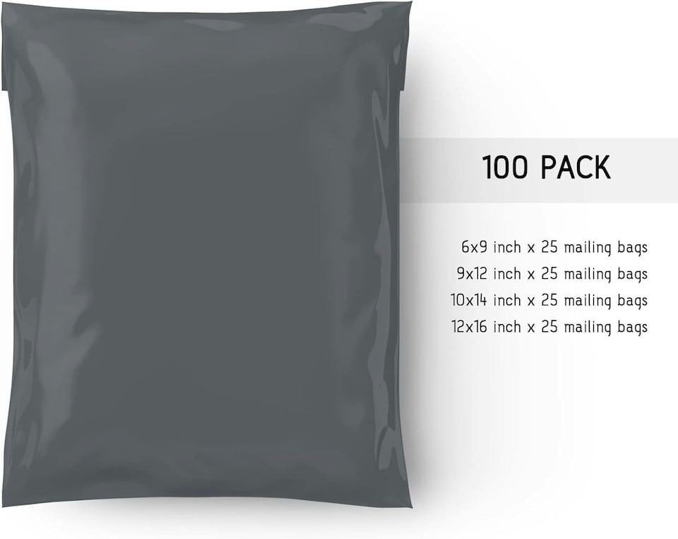 image 1 of Straame 100 Assorted Grey Postal Bags, Self-Seal, Flexible, Tear-Proof, 4 Sizes, 25 Each. | Grey | DL | 100
