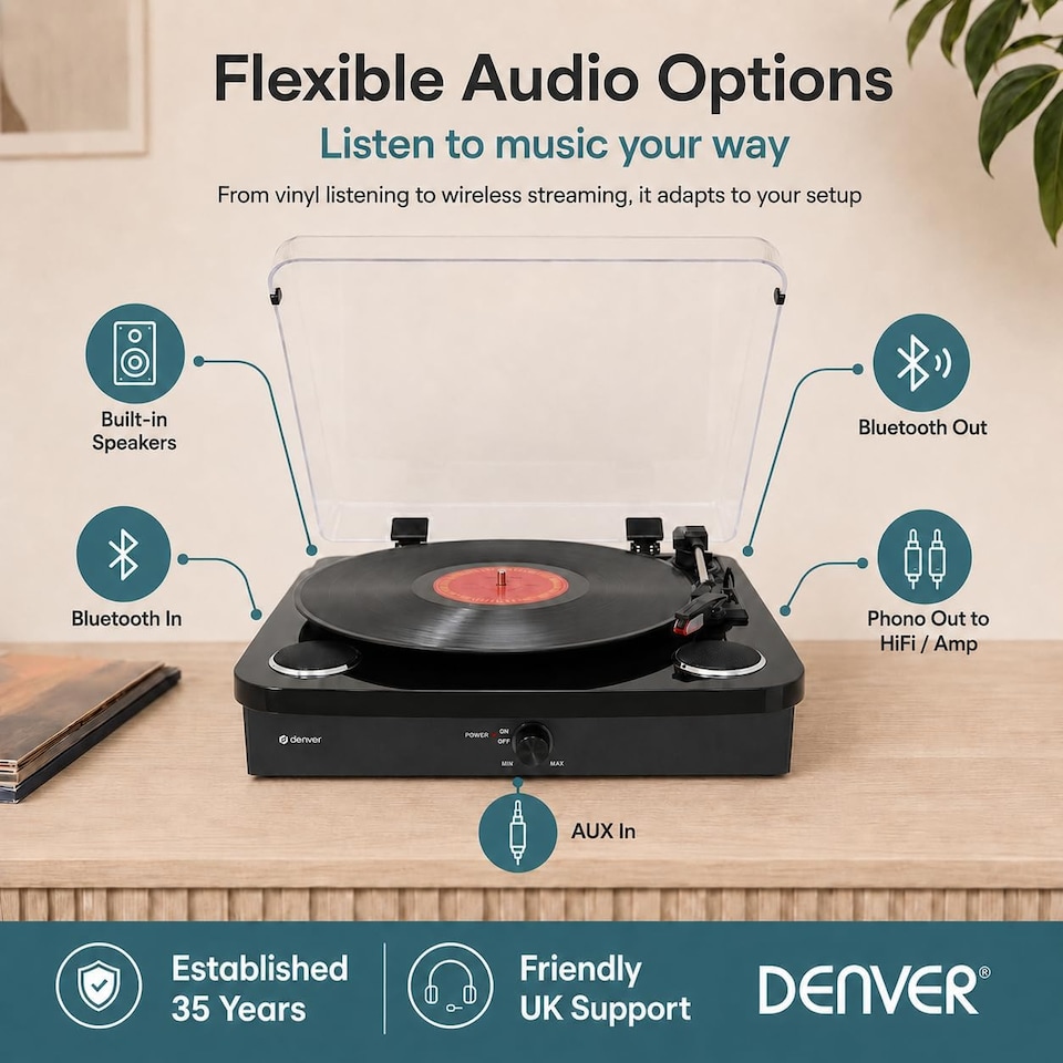 image 1 of Lightwood Vinyl Record Player With Stereo Speakers - Bluetooth Send & Receive - USB & SD Recording - AUX IN & RCA Out
