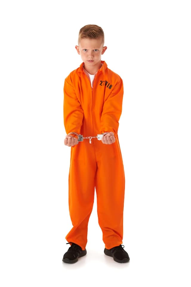 Kids Prisoner Costume + Handcuffs Boys Halloween Convict Fancy Dress Childs (Large 8-10 Years)