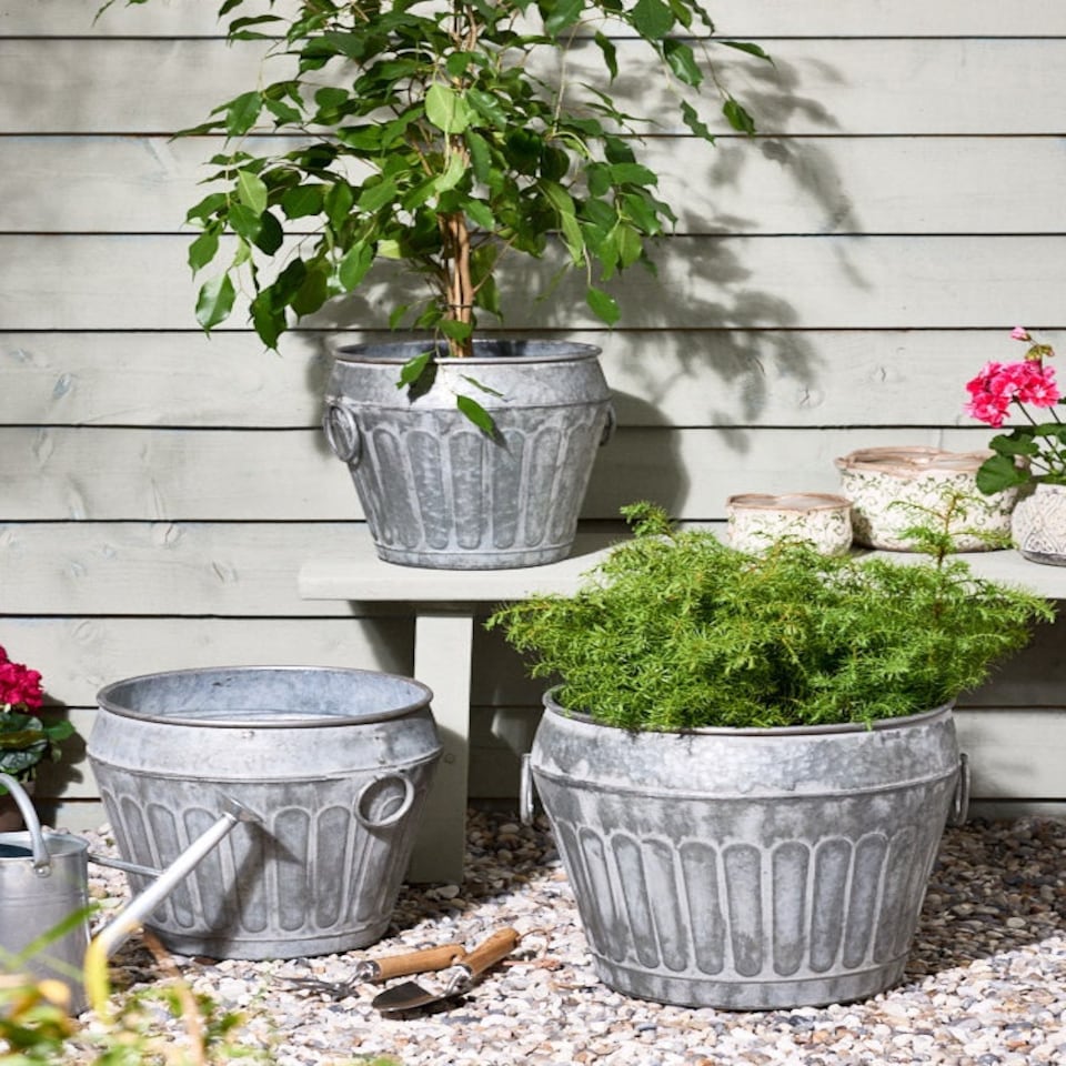 image 1 of Set of 3 Metal Urn Planters Silver