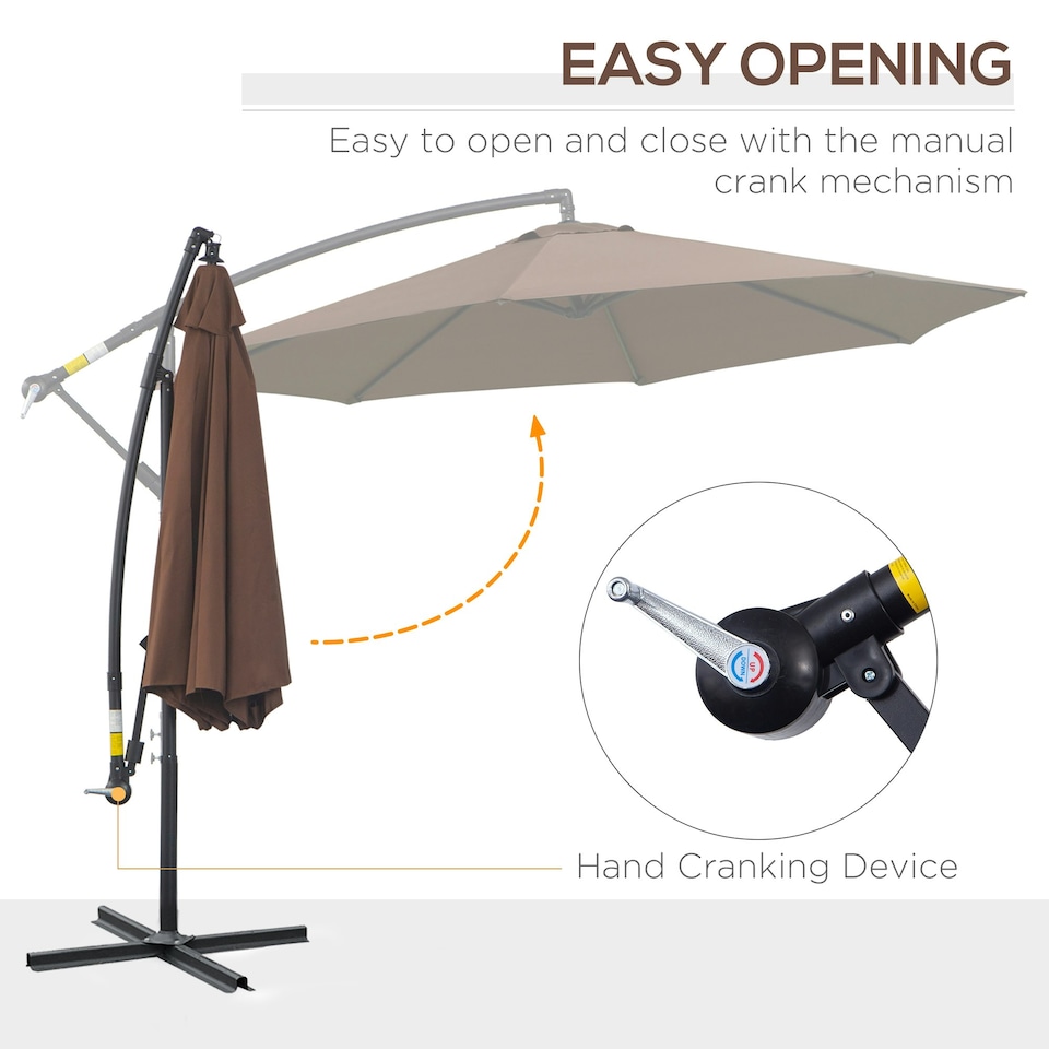 image 1 of Outsunny 3(m) Garden Banana Parasol Cantilever Umbrella w/Crank& Base, Brown