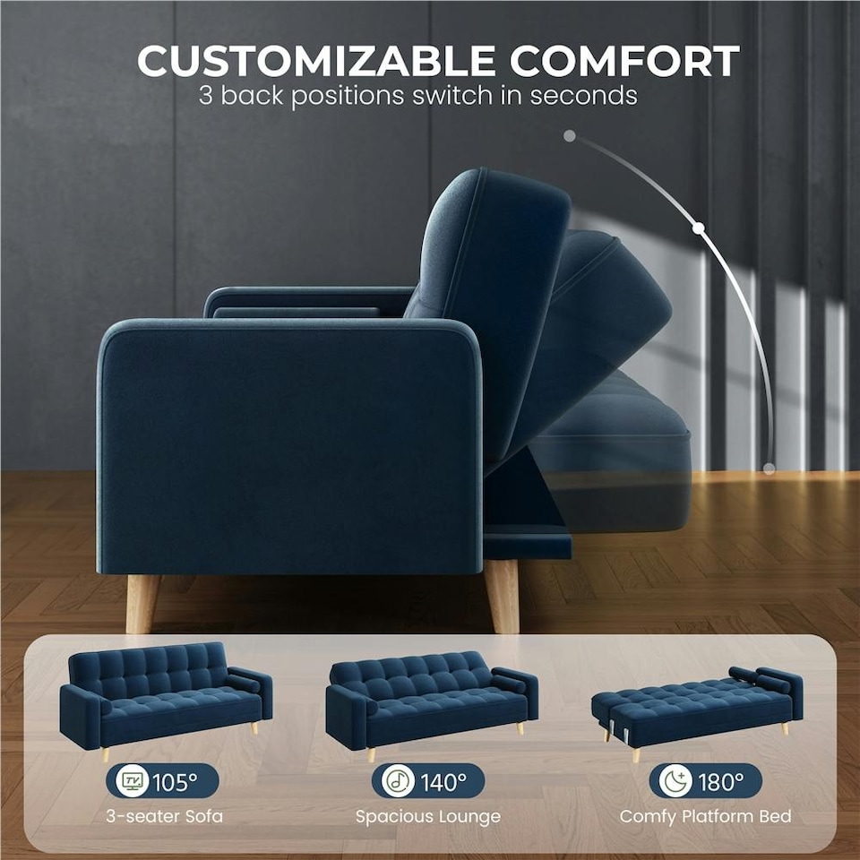 image 1 of Yaheetech Velvet Convertible Sofa Bed | Blue | Three Seater