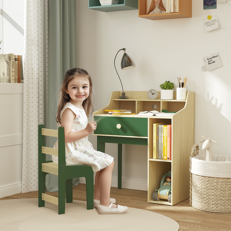 image 1 of AIYAPLAY Kids Desk and Chair Set with Storage Shelves, Drawer | Green