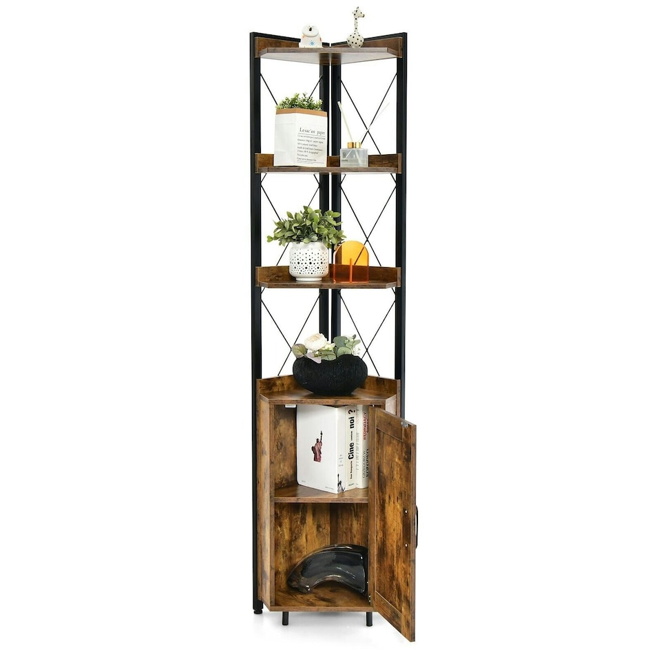 image 1 of COSTWAY 6-Tier Corner Bookcase Adjustable Shelf Brown Brown
