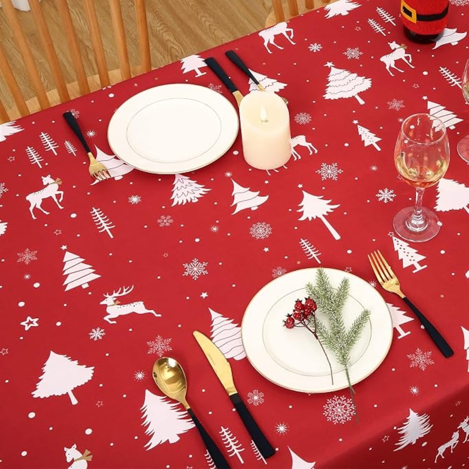 image 1 of London Boutique Christmas Tablecloth, Waterproof Washable Polyester Oxford Table Cover with Xmas Tree Reindeer Print