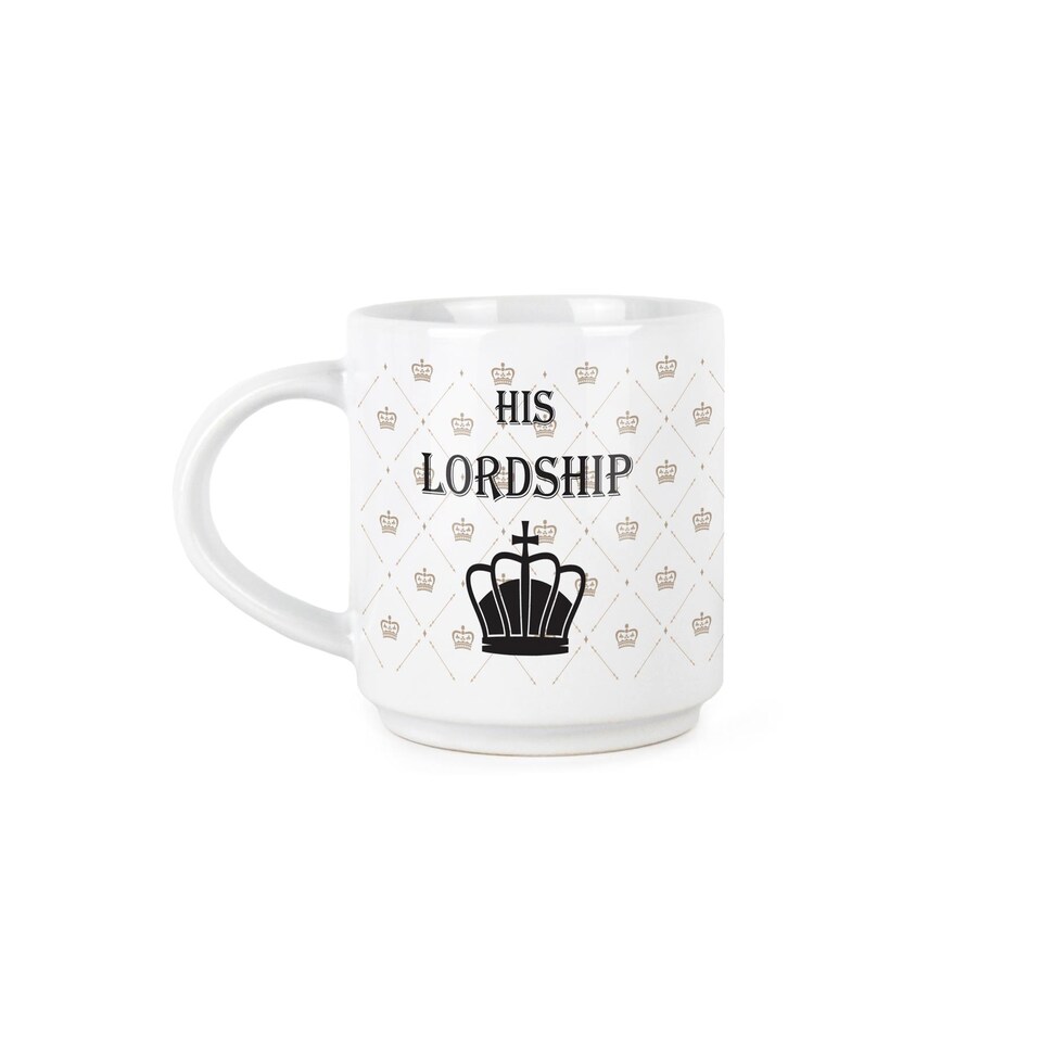 image 1 of Lady & Lordship Stacking Mugs Set - Regal Gifts for Couples Ceramic Cups Set of 2 with Metal Stand | White