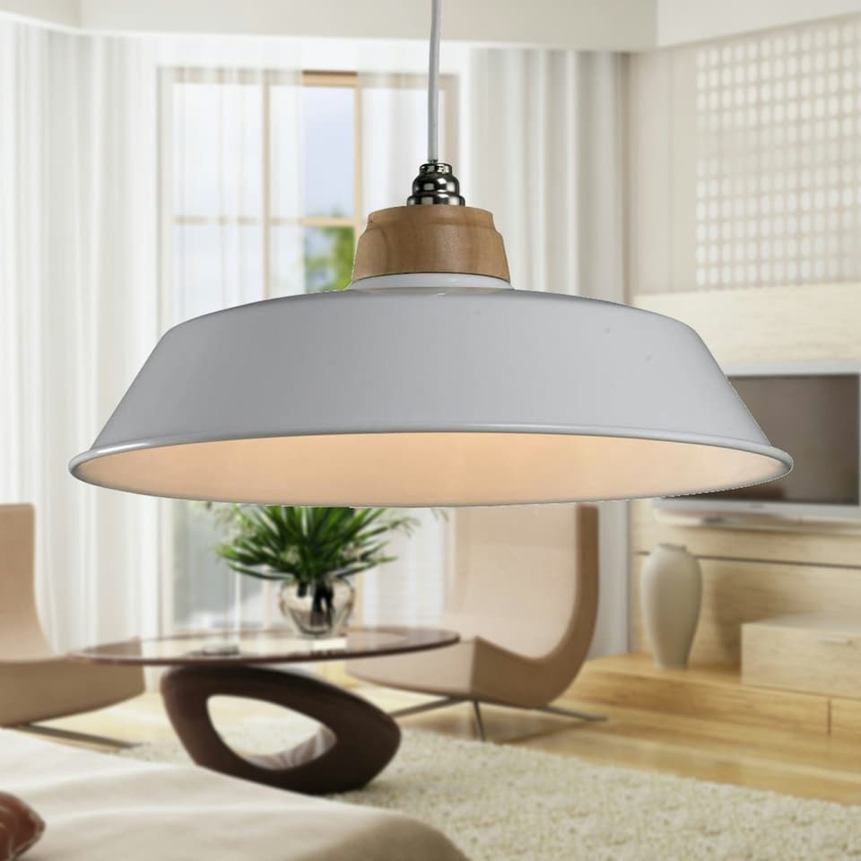 image 1 of First Choice Lighting Set of 2 Jakob Cream Metal and Wood Easy Fit Pendant Shades Cream | Brown