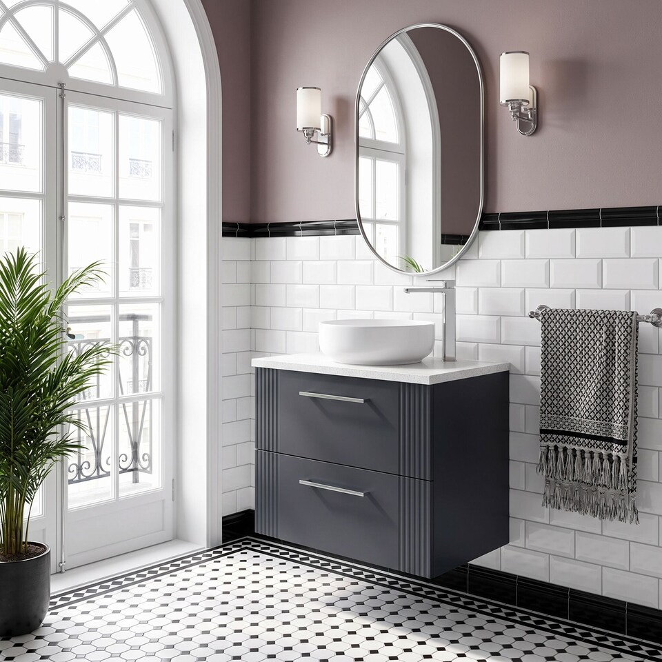 image 1 of Balterley Partial Fluted 2 Drawer Wall Hung Vanity Unit with Sparkling Laminate Worktop | Grey | Satin Soft Black