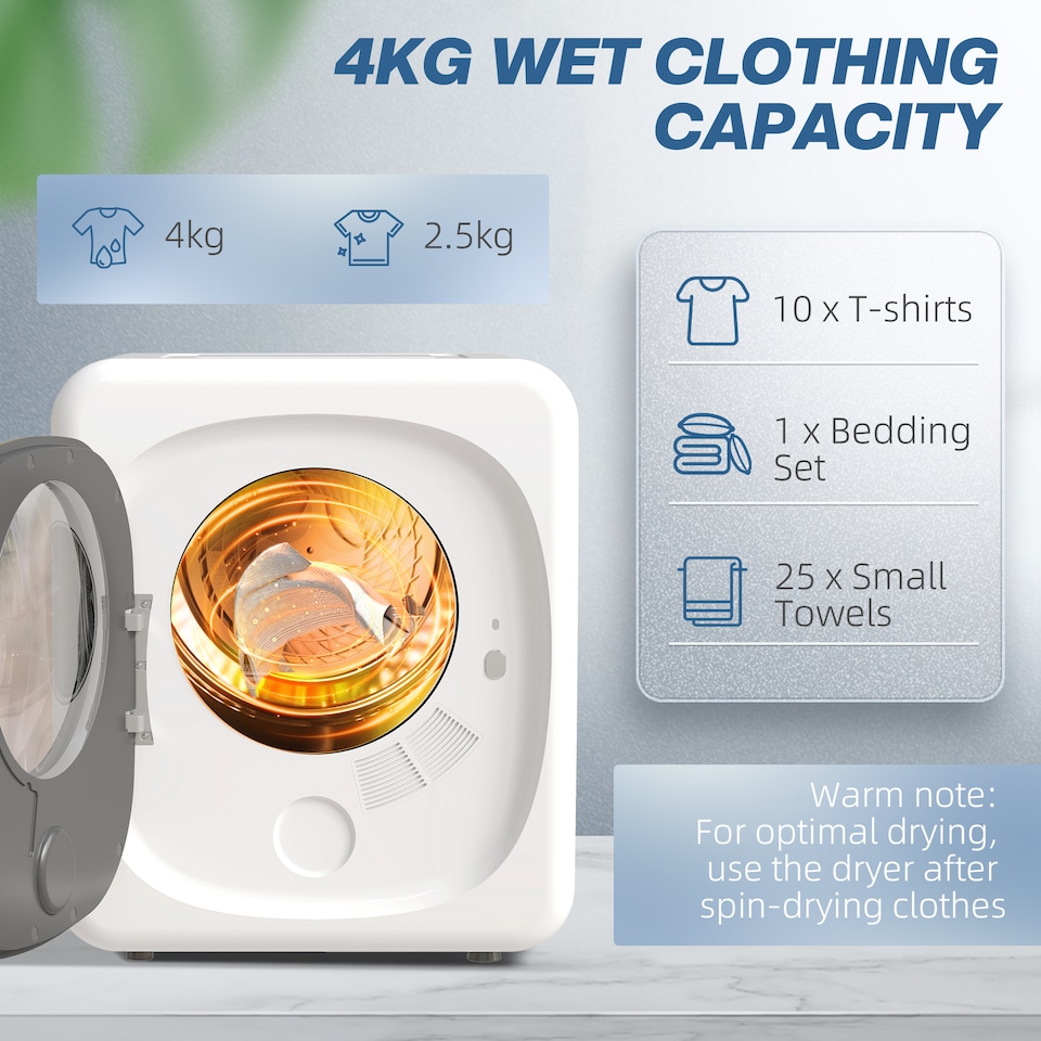 image 1 of HOMCOM Compact Dryer Machine with 5 Modes, 4kg Small Tumble Dryer, White