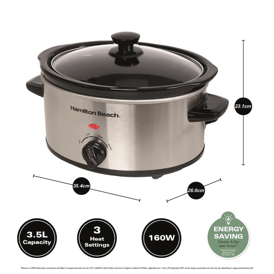 image 1 of Hamilton Beach Slow Cooker, 3.5 Litres, Comfort Cook, 160W, Stainless Steel, Energy-Efficient, Removable Oven-Safe Ceramic Bowl, 3 Heat Settings, Serves 2-4 People, Easy Clean, Silver - HBSC040S