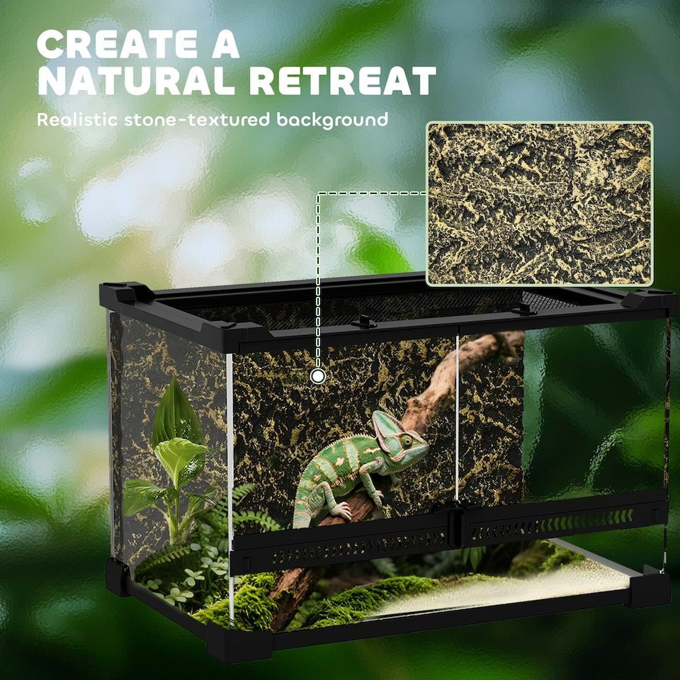 image 1 of PawHut 10L Glass Terrarium, Reptile Vivarium with Stone Background, Black