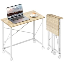 HOMCOM Folding Desk on Wheels, Writing Table for Home Office, Natural | Yellow