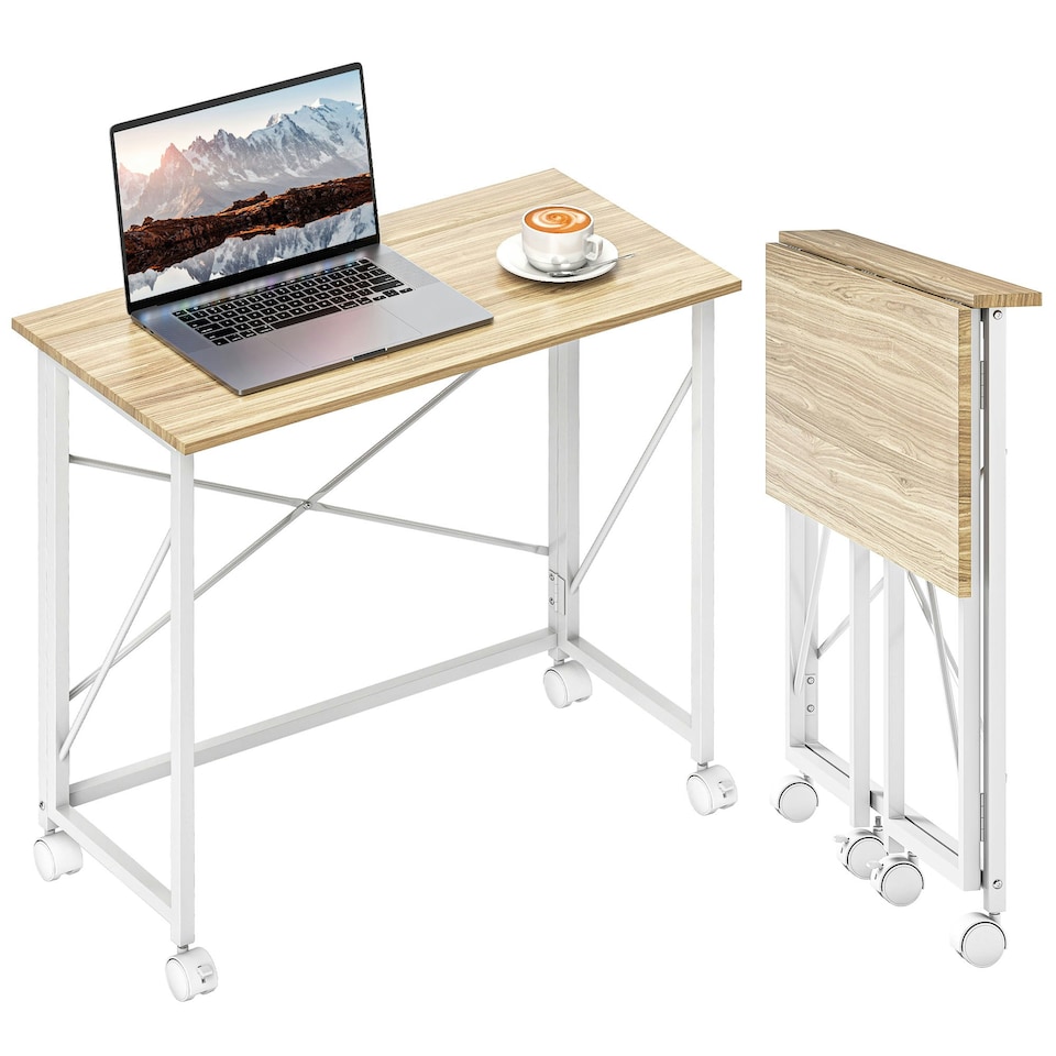 image 1 of HOMCOM Folding Desk on Wheels, Writing Table for Home Office, Natural | Yellow