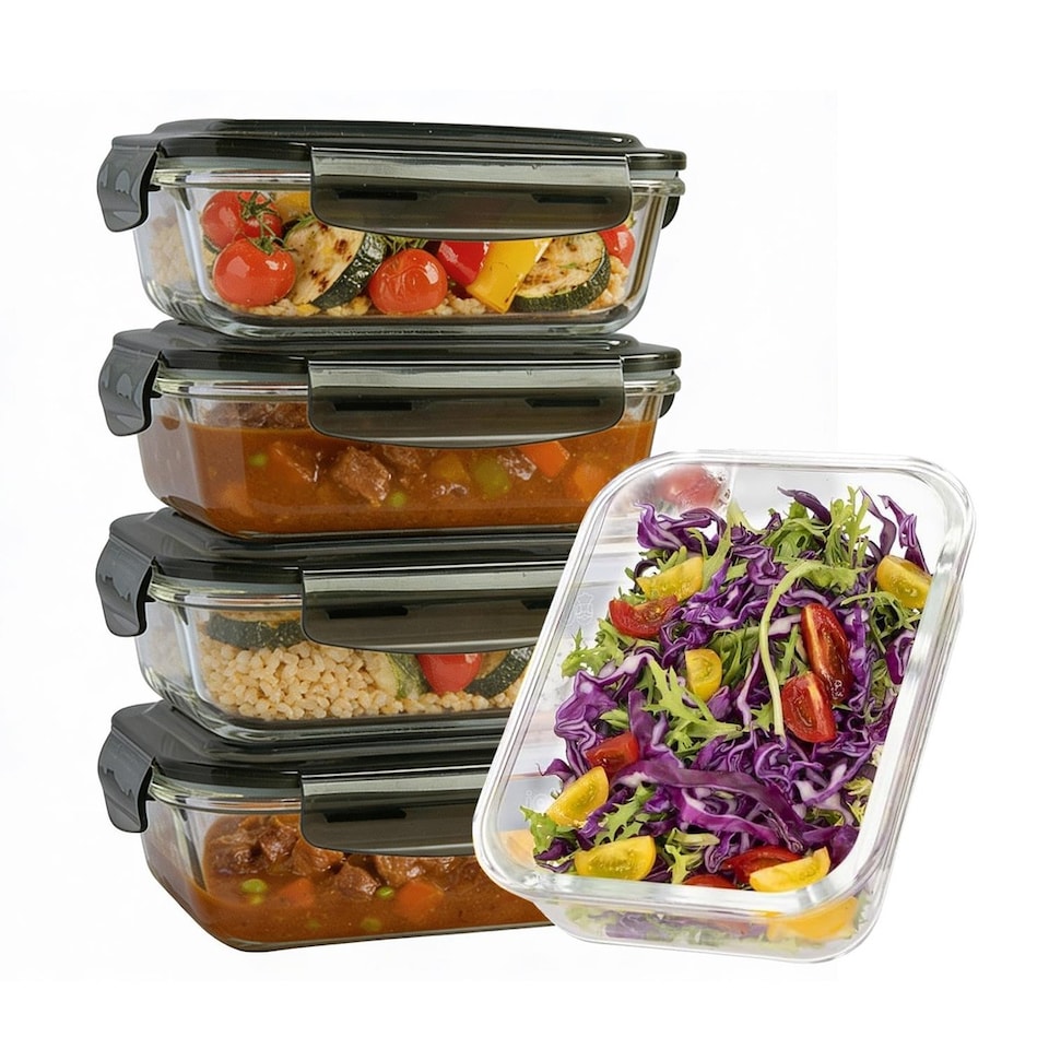 image 1 of 380ml Meal Prep Glass Containers with Airtight Lids Clip Lock Takeaway Containers Pack 5