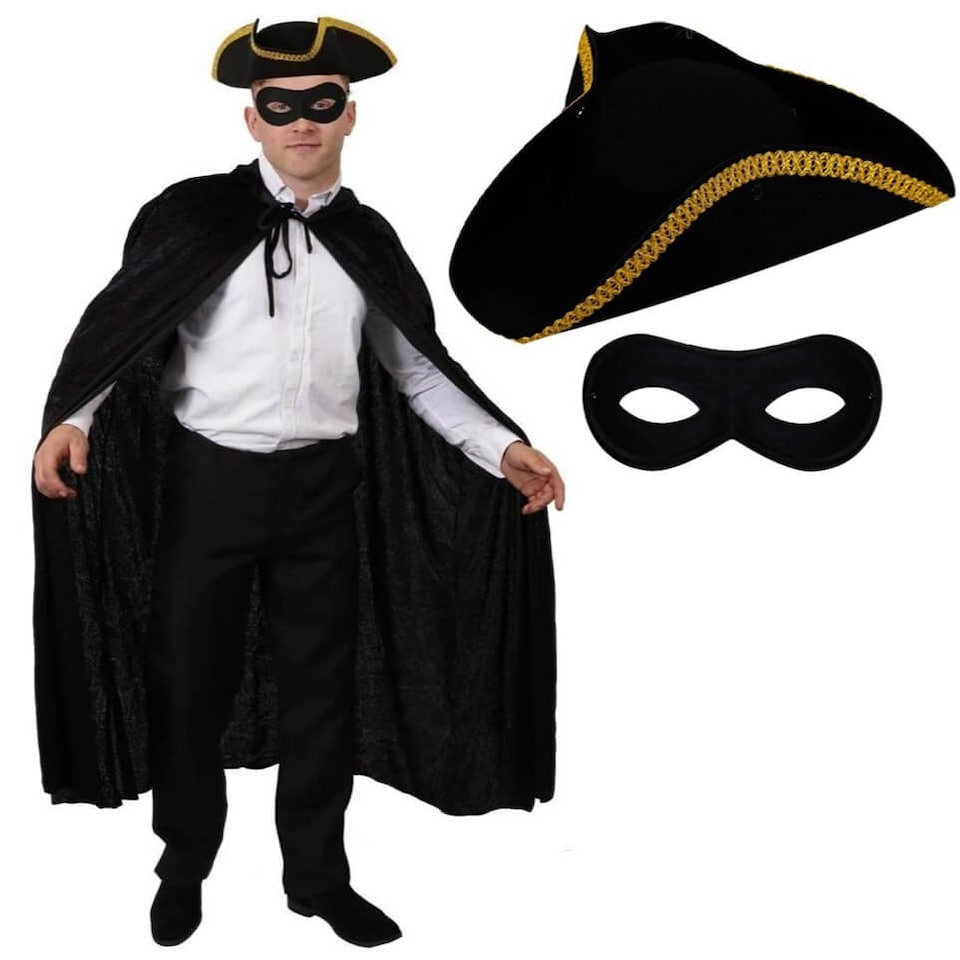 image 1 of Highway Man Costume - Gold Trim Tricorn Hat, Cape & Mask Black | One Size