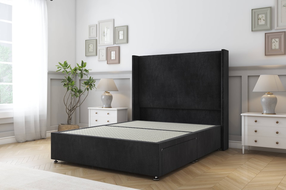 image 1 of Sloomy Devonshire Black Naples Divan Bed Base 2 Drawers Foot-End With 54 Inch Wingback Headboard | Black | Black | Super King | 1