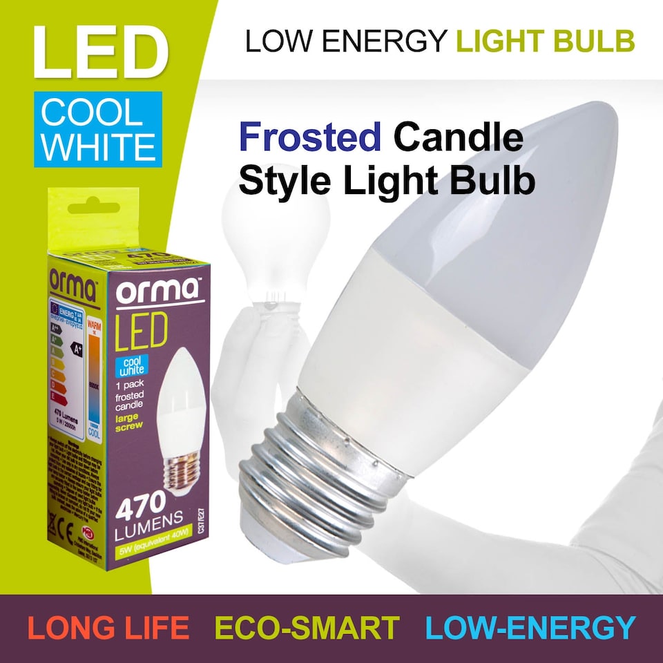 image 1 of PMS Cool White Candle LED Bulb 5W E27 Frosted - Large, 470 lm, Non-Dimmable