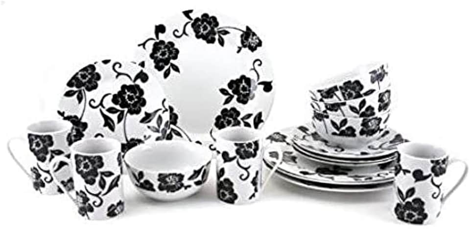 image 1 of Creative Tops 16pc White and Black Floral Porcelain Dinner Set