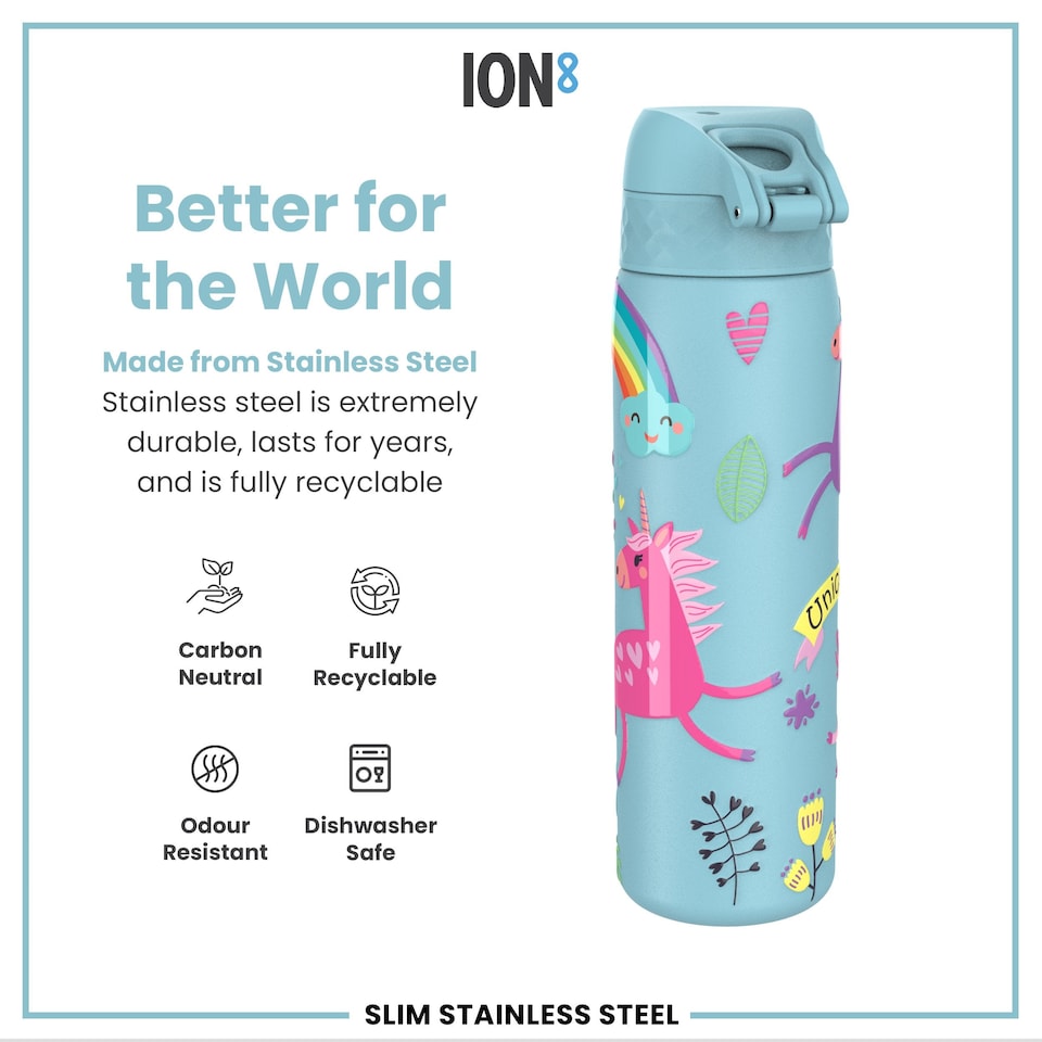 image 1 of Leak Proof Slim Water Bottle, Stainless Steel, 600ml (20oz) | Blue | Unicorns Blue | One Size