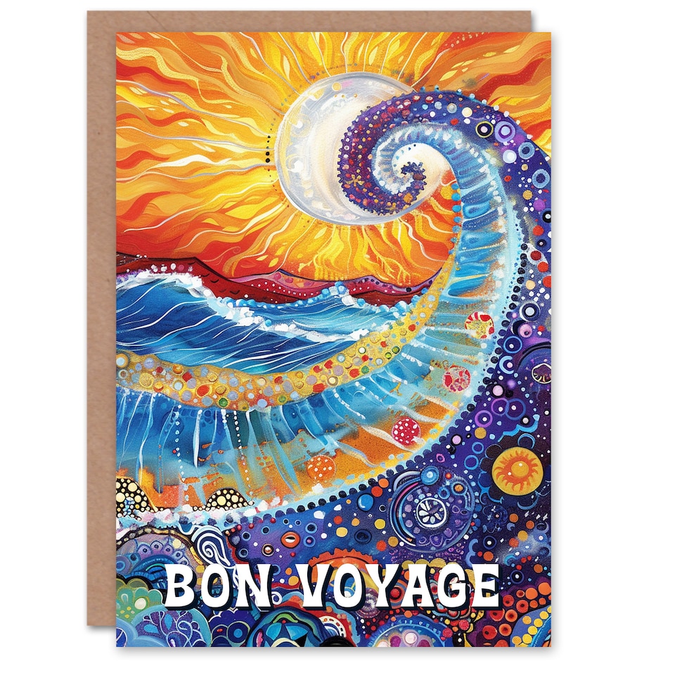image 1 of Bon Voyage Sun Colourful Seascape Wave Folk Art Farewell Card