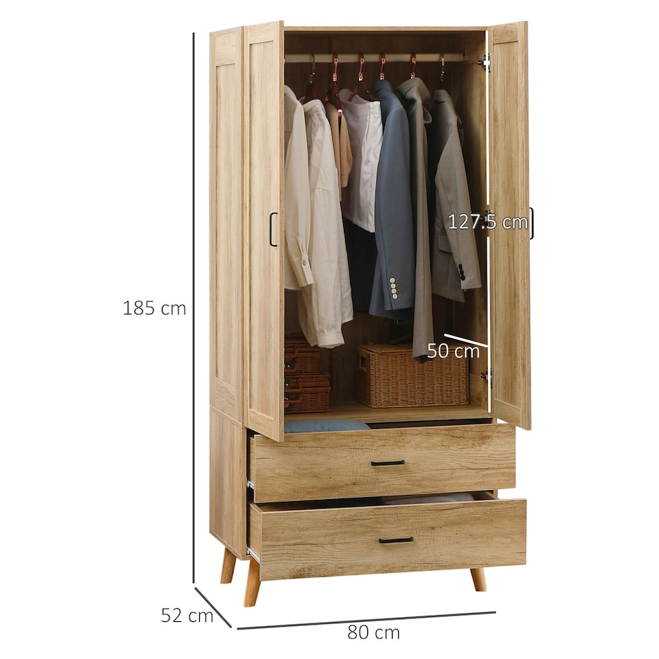 image 1 of HOMCOM 2 Door Wardrobe with 2 Drawers and Hanging Rail for Bedroom