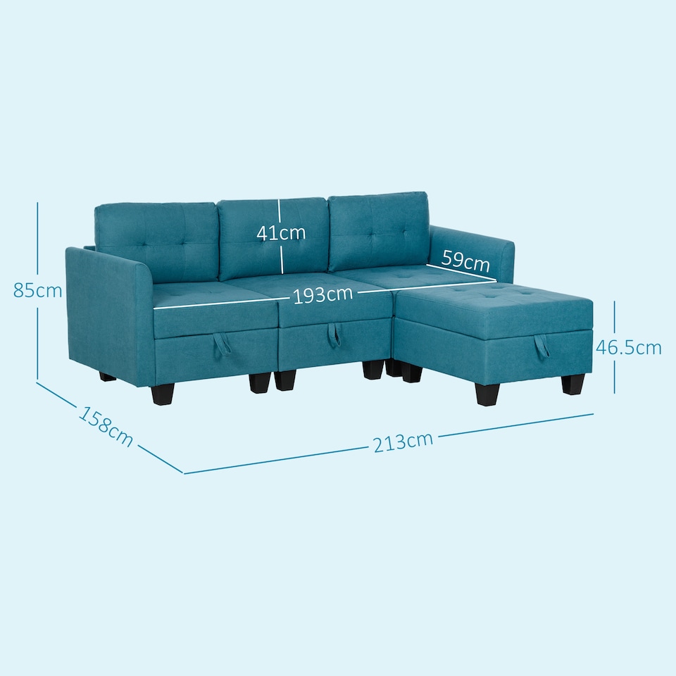 image 1 of HOMCOM Convertible Modular Sectional Sofa with Storage, Tufted 3 Seater Sofa Set, L Shaped Couch with Ottoman, Wood Frame for Living Room, Light Blue | Blue | One Size
