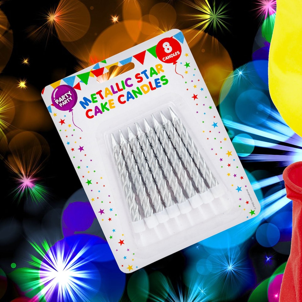 image 1 of PMS 8-Pack Metallic Silver Birthday Cake Candles 75mm
