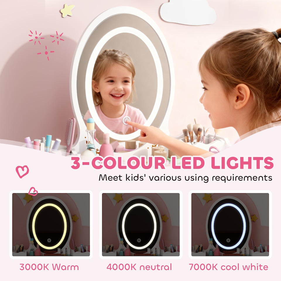 image 1 of AIYAPLAY Kids Vanity Table and Chair Set, 2 in 1 Children Dressing Table with 3-Colour LED Lights Mirror, Drawer, Storage Boxes, Girls Makeup Desk Set for 3+ Years, for Playroom, Bedroom, White