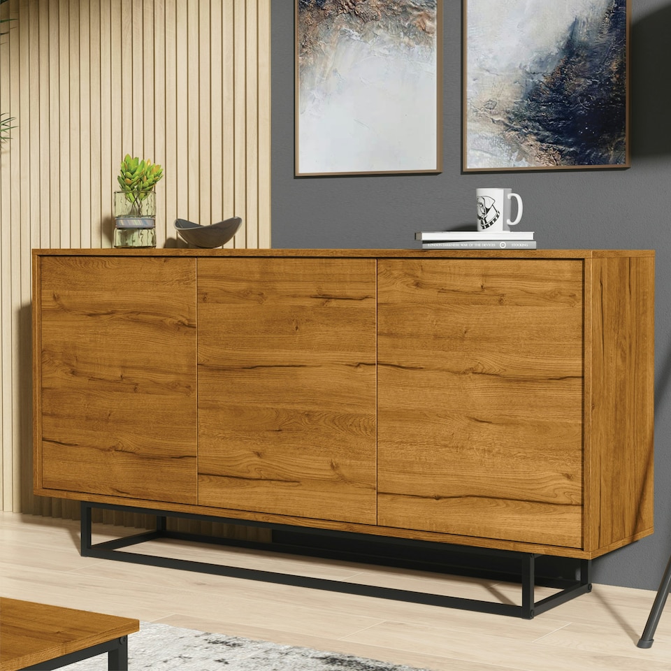 image 1 of Sideboard 160cm Oak Matt Body & Doors – 3 Door Cabinet with Black Metal Legs Bronze