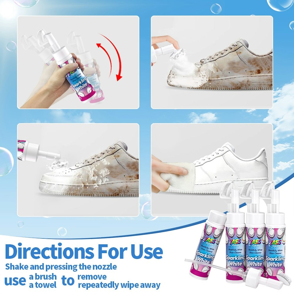 image 1 of Yass Clean White Shoe Cleaner Set, 200ml x 4 Bottles, Foam Applicator with Brush, Sparkling White Formula