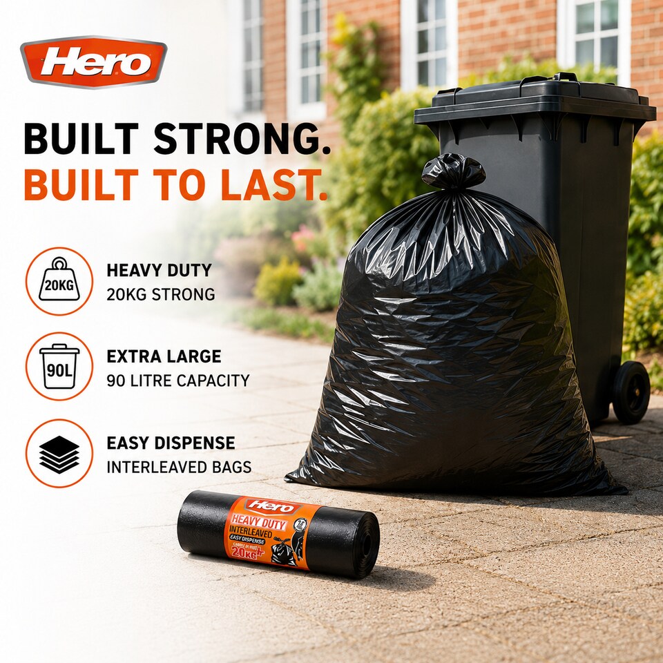image 1 of Hero 90L Extra Heavy Duty Black Bin Bags – Strong Refuse Sacks | 12 Bags per Roll for Household, Garden & Commercial Use