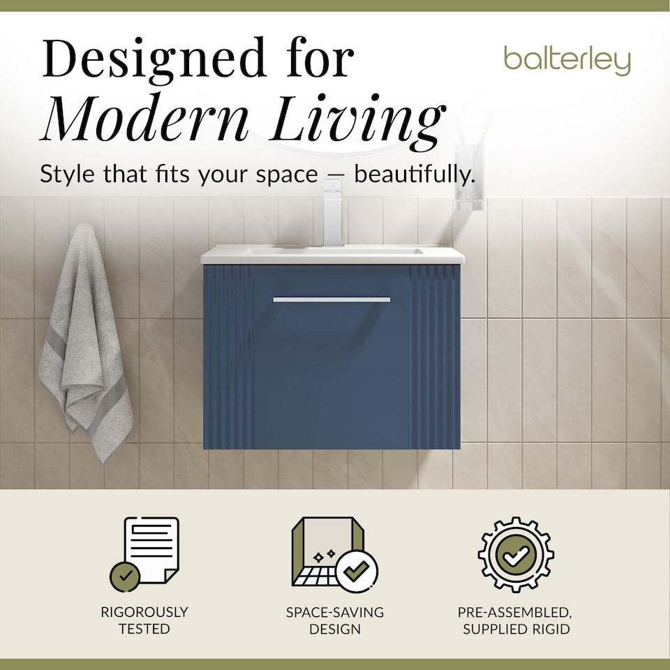 image 1 of Balterley Partial Fluted 1 Drawer Wall Hung Vanity Unit with 1 Tap Hole Minimalist Basin | Blue | Satin Blue