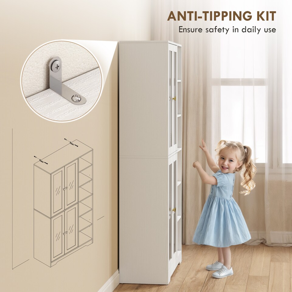 image 1 of HOMCOM 172 cm Tall Kitchen Cupboard, Pantry Storage Cabinet with Tempered Glass Doors and Soft-Close Hinges, Freestanding Kitchen Cabinet with Adjustable Shelves and 6 Open Shelves, White | White | White