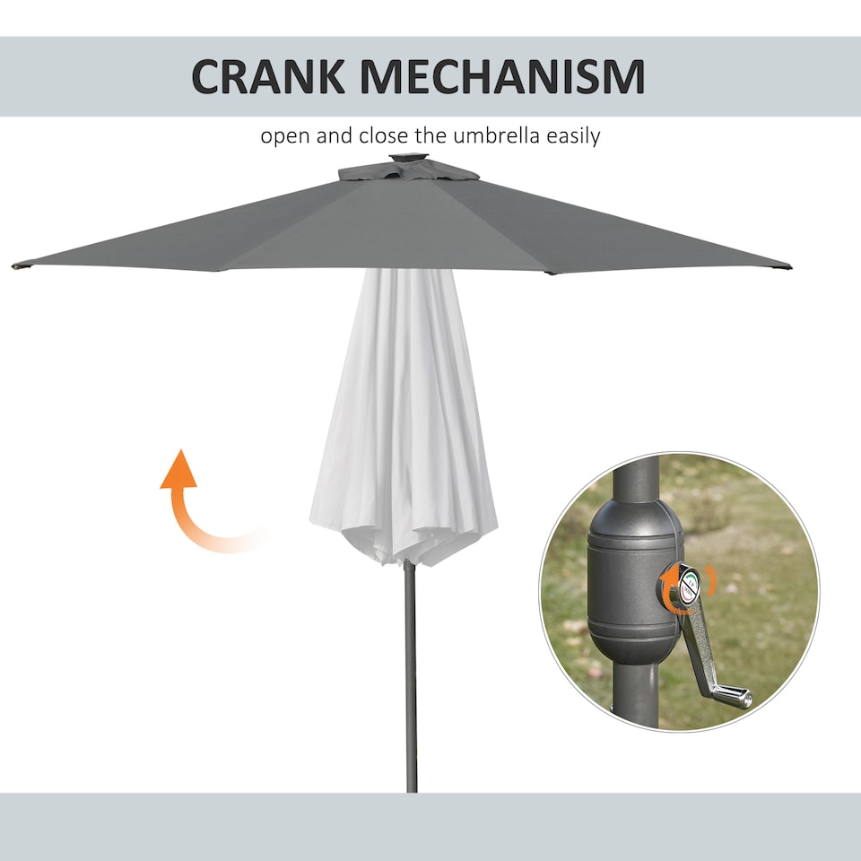 image 1 of Outsunny 2.7m Patio Garden Umbrella Outdoor Parasol Outdoor Market Table Umbrella with Tilt Crank and 24 LEDs Lights Grey