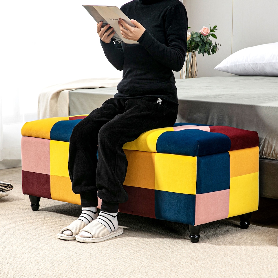 image 1 of HOMCOM Storage Ottoman, Storage Bench with Wood Legs, Footstool, Footrest with Velvet Surface for Bedroom, Hallway, Living Room, 114 x 47 x 47 cm, Multicoloured