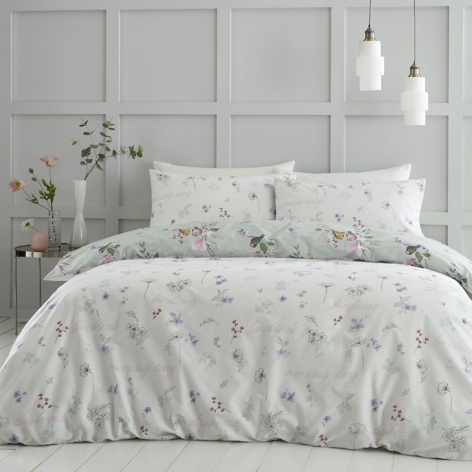 image 1 of Songbird Reversible Duvet Cover Set | Green | Sage Green | King