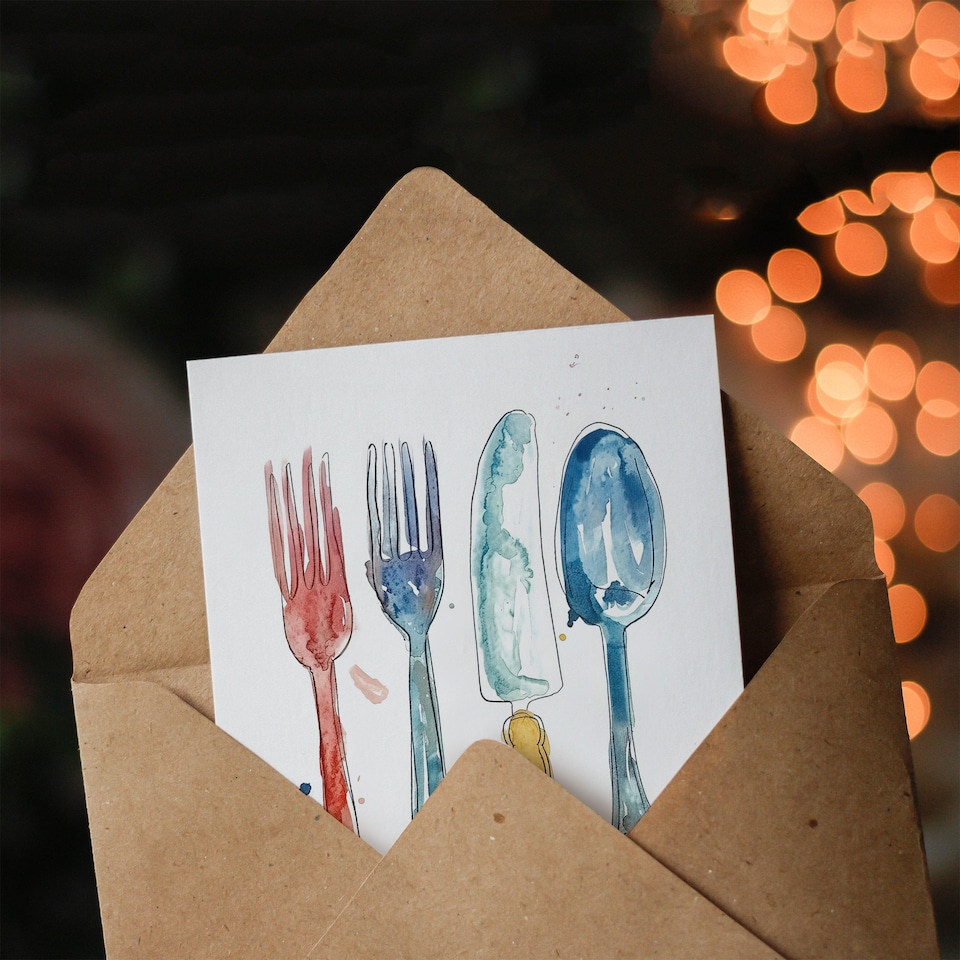 image 1 of Greeting Card Cutlery Fork Knife Spoon Bright Happy Watercolour