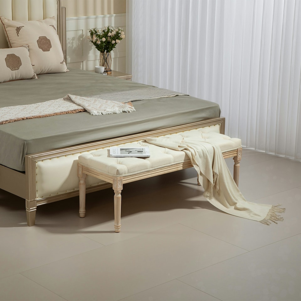image 1 of HOMCOM End of Bed Bench Upholstered Foot Stool Linen-Touch Ottoman Cream
