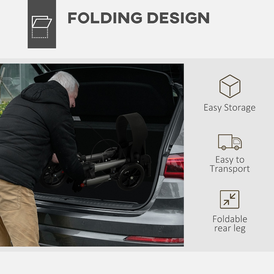 image 1 of HOMCOM 4 Wheel Rollator with Seat and Back, Folding Mobility Walker with Carry Bag, Adjustable Height, Dual Brakes, Cane Holder, Lightweight Aluminium Walking Frame for Seniors and Disabled, Silver