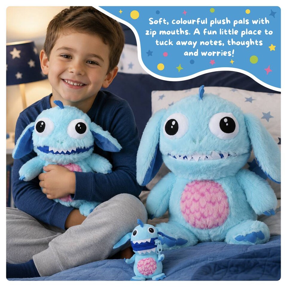 image 1 of Kids Worry Yummy Monster Cuddly Plush Toy Gift Set of 3 - Jumbo, Large and Clip-On Sizes Included