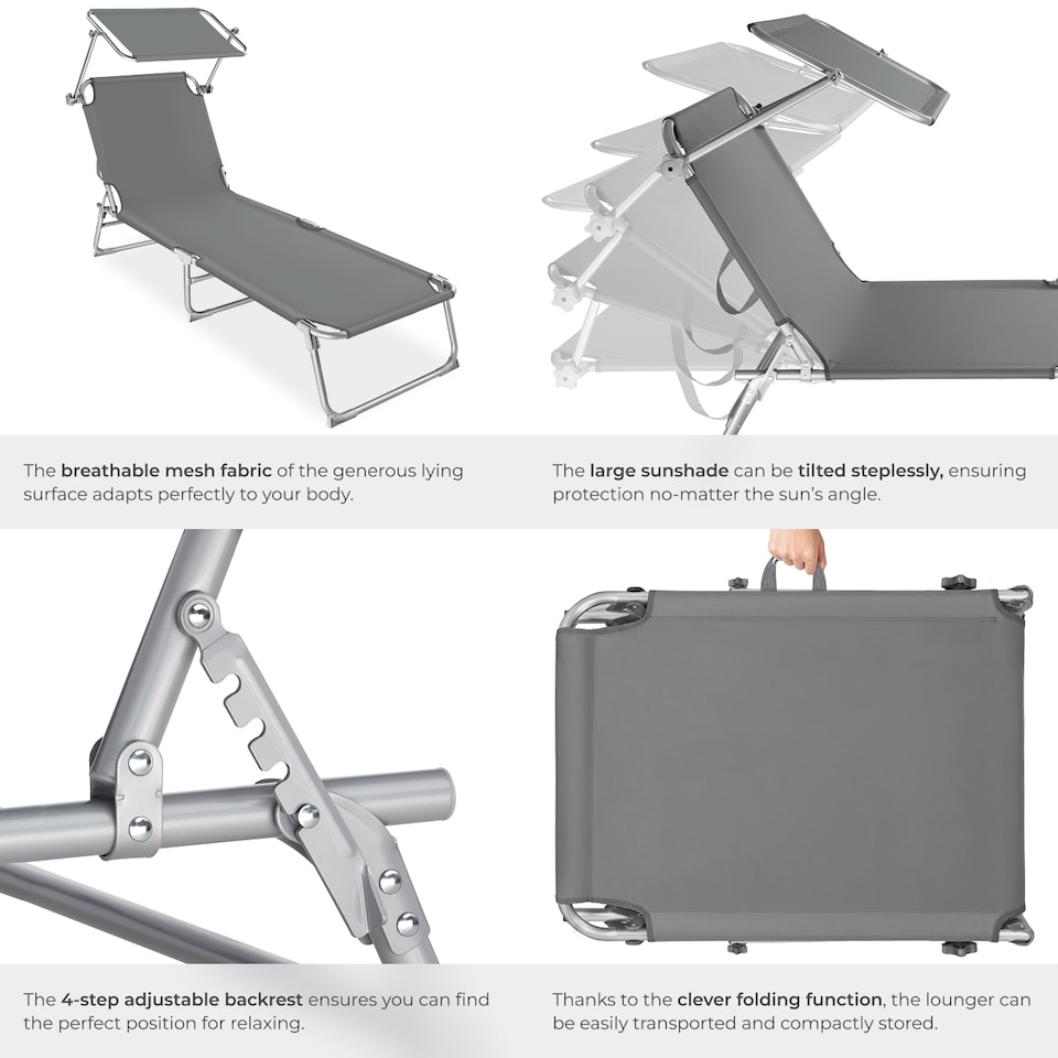 image 1 of Sun Lounger - foldable, adjustable sunshade and 4-step backrest | Grey | grey | 1