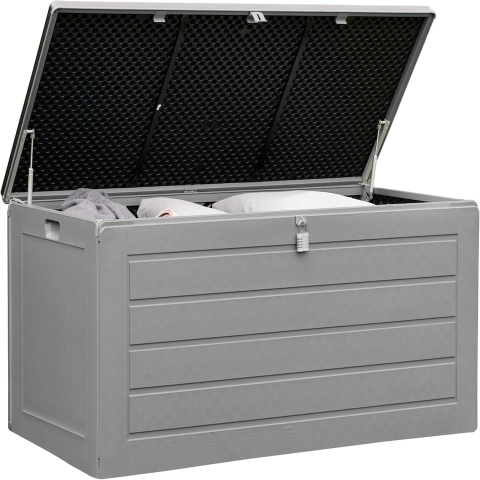 image 1 of Olsen & Smith Large 680L Weatherproof Outdoor Sit On Wood Effect Plastic Garden Bench Storage Box Chest Container Furniture Brown Brown | Brown