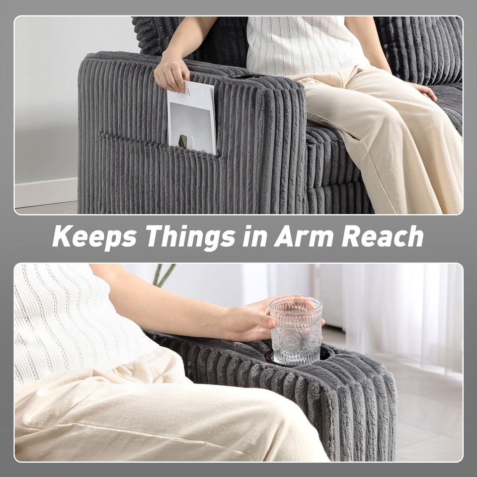 image 1 of HOMCOM 2 Seater Sofa Bed, Corduroy Click Clack Sleeper Sofa with Pull Out Design, 2 Pillows, Cup Holders, Side Pockets, Convertible Loveseat Bed Settee for Living Room, 157x190cm, Charcoal Grey