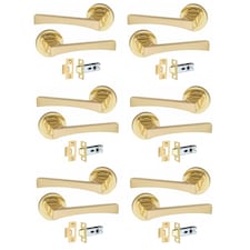 Golden Grace 6 Pairs Wave Design Door Handles on Round Rose in Electro Brass Finish with 2.5" Tubular Latch - 52mm Diameter Gold